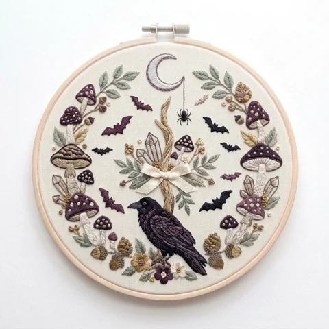 Raven Crescent Moon Woodland Mushroom Wreath hand embroidery design