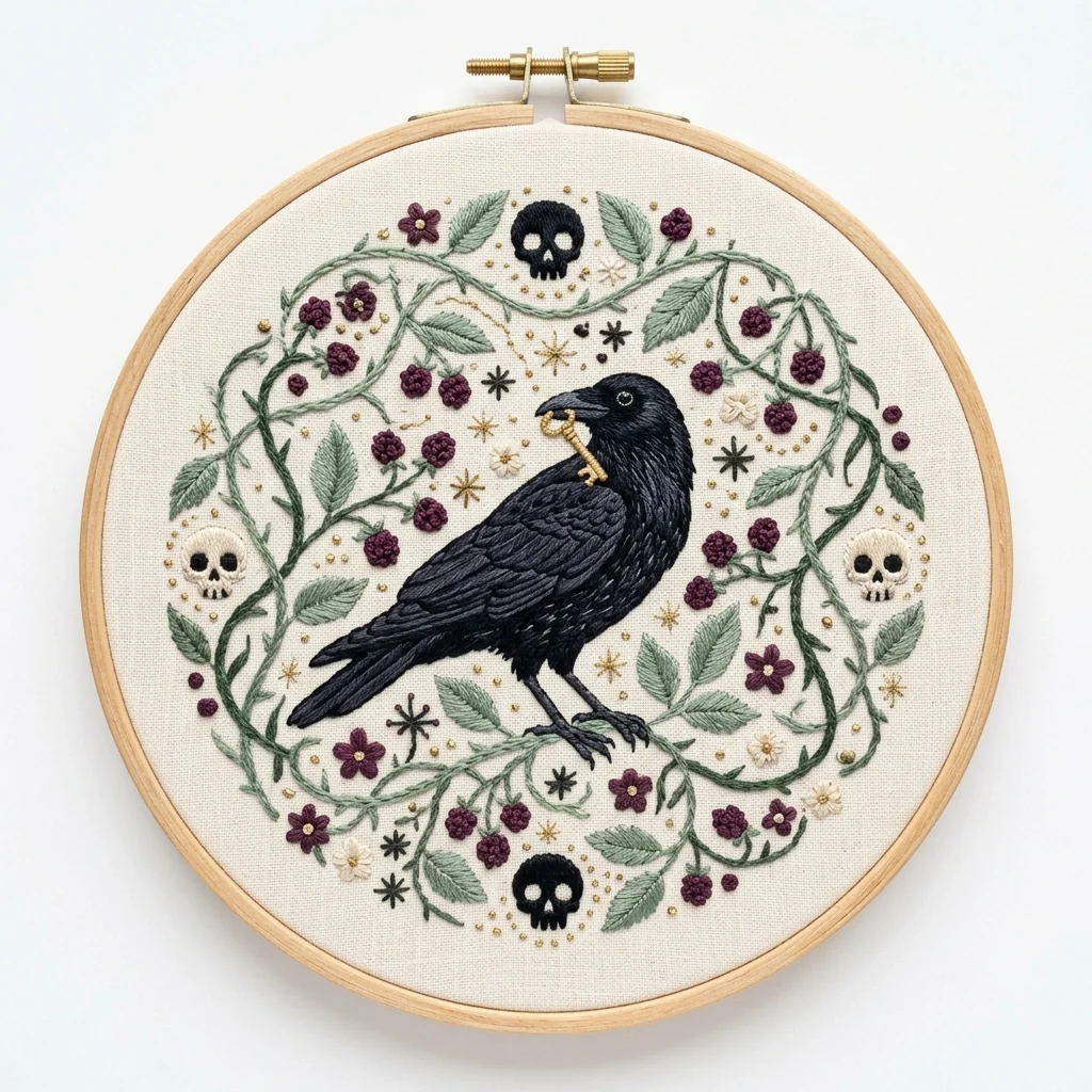 Raven Golden Key Gothic Floral Wreath colored hand embroidery design