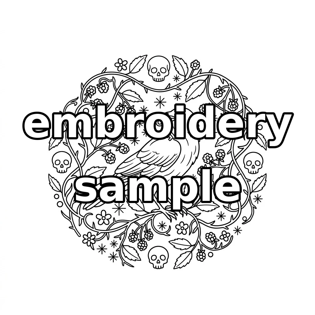 Watermarked Raven Golden Key Gothic Floral Wreath embroidery outline