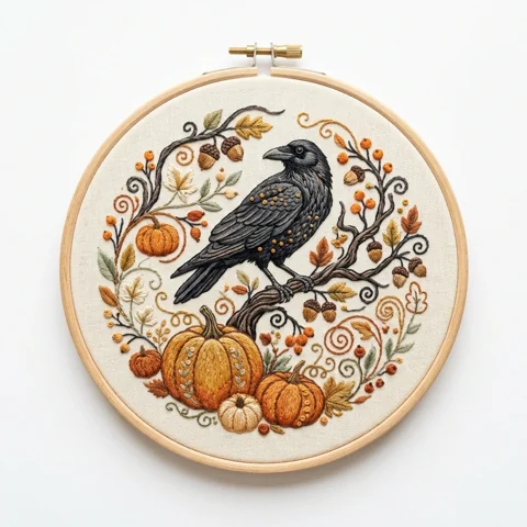 Raven Harvest Pumpkin Botanical Wreath hand embroidery design