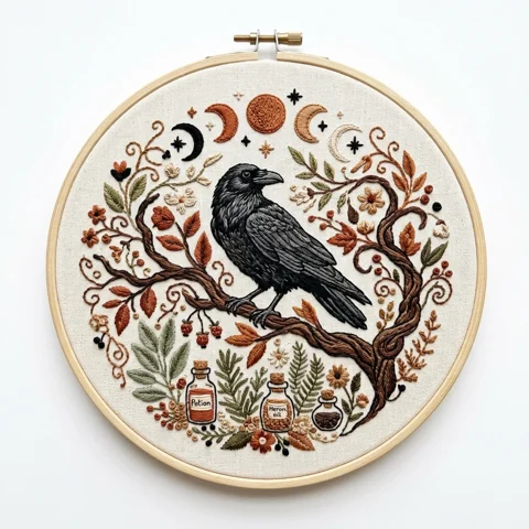 Raven Moon Phases hand embroidery design