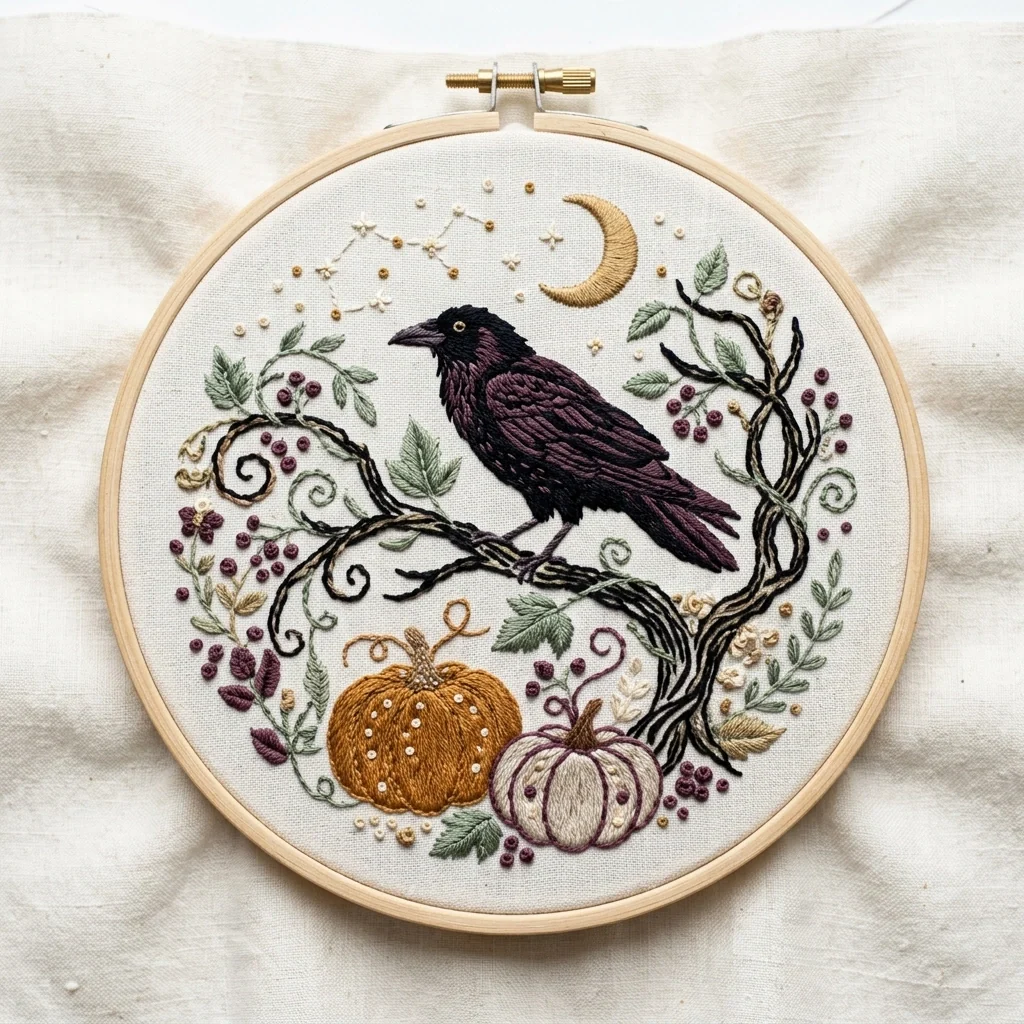 Raven on Twisting Branch with Pumpkins Crescent Moon and Autumn colored hand embroidery design