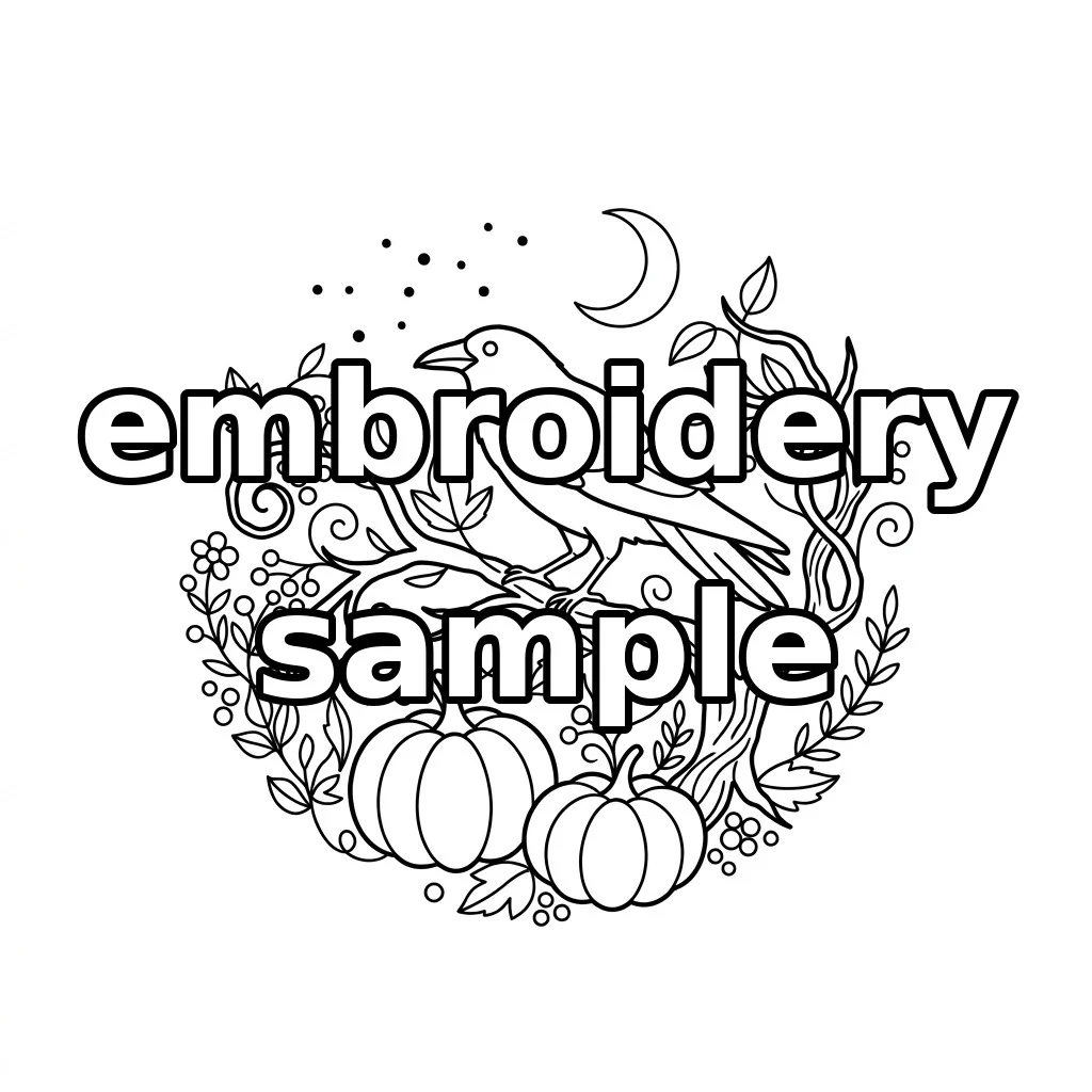 Watermarked Raven on Twisting Branch with Pumpkins Crescent Moon and Autumn embroidery outline
