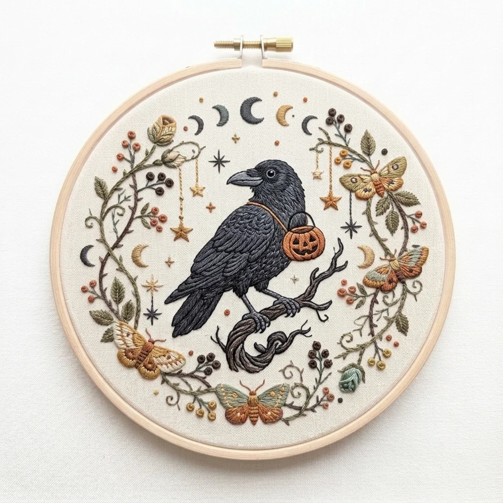 Raven Pumpkin Lunar Wreath colored hand embroidery design