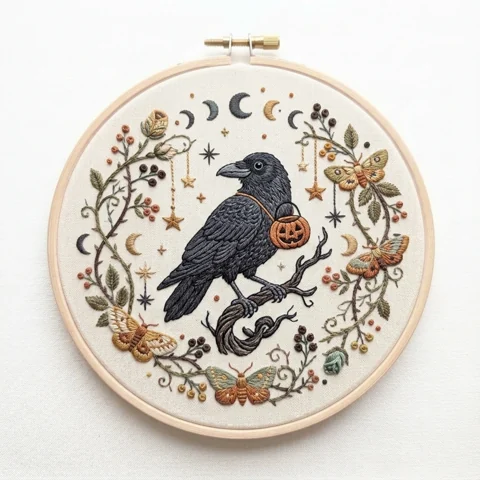 Raven Pumpkin Lunar Wreath hand embroidery design