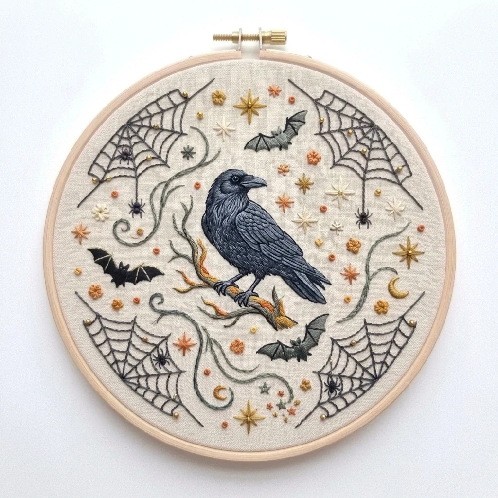 Raven Spiderwebs Celestial Bats colored hand embroidery design