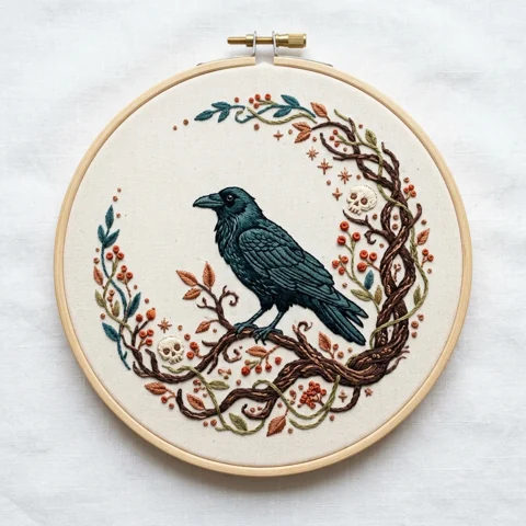 Raven Twisted Vine Skull Bloom Wreath hand embroidery design