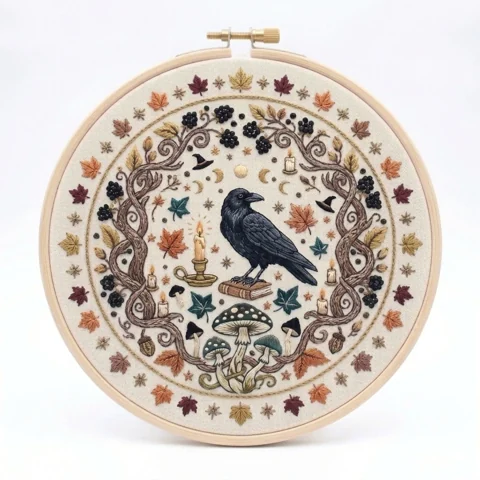 Raven Woodland Boughs Autumn Mushrooms hand embroidery design