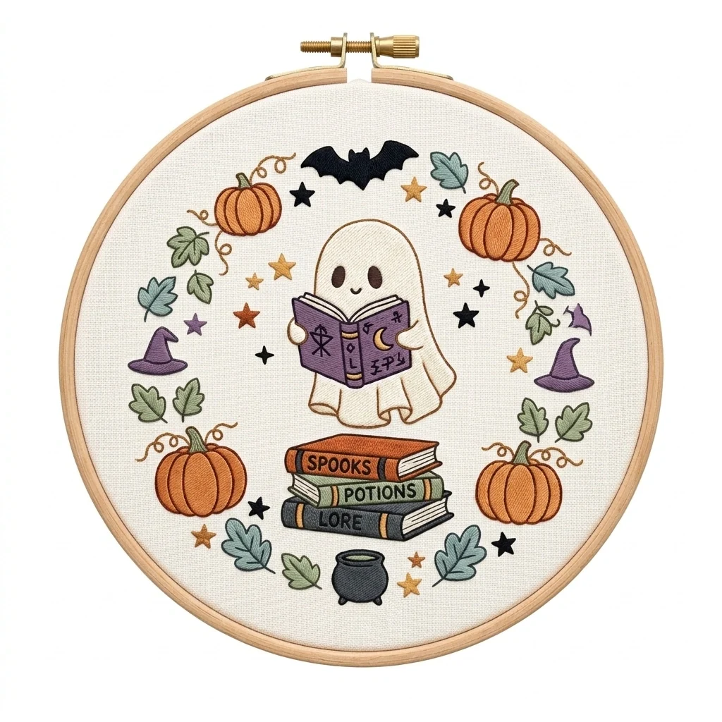 Reading Ghost Pumpkins Spellbooks colored hand embroidery design