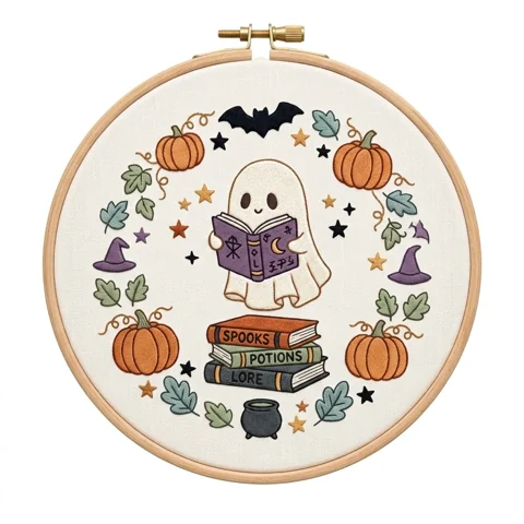 Reading Ghost Pumpkins Spellbooks hand embroidery design