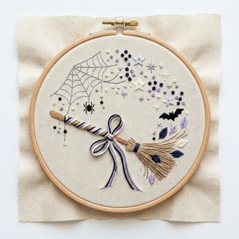 Ribbon Tied Broom with Spider Webs Bats Stars and Leaf Accents hand embroidery design