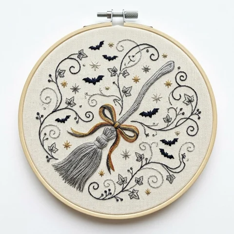 Ribbon Tied Witch Broom with Seven Bats Ivy and Celestial Stars hand embroidery design