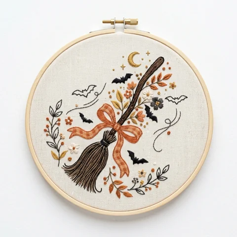 Ribbon Tied Witch Broom with Six Bats Crescent Moon and Floral Sprays hand embroidery design