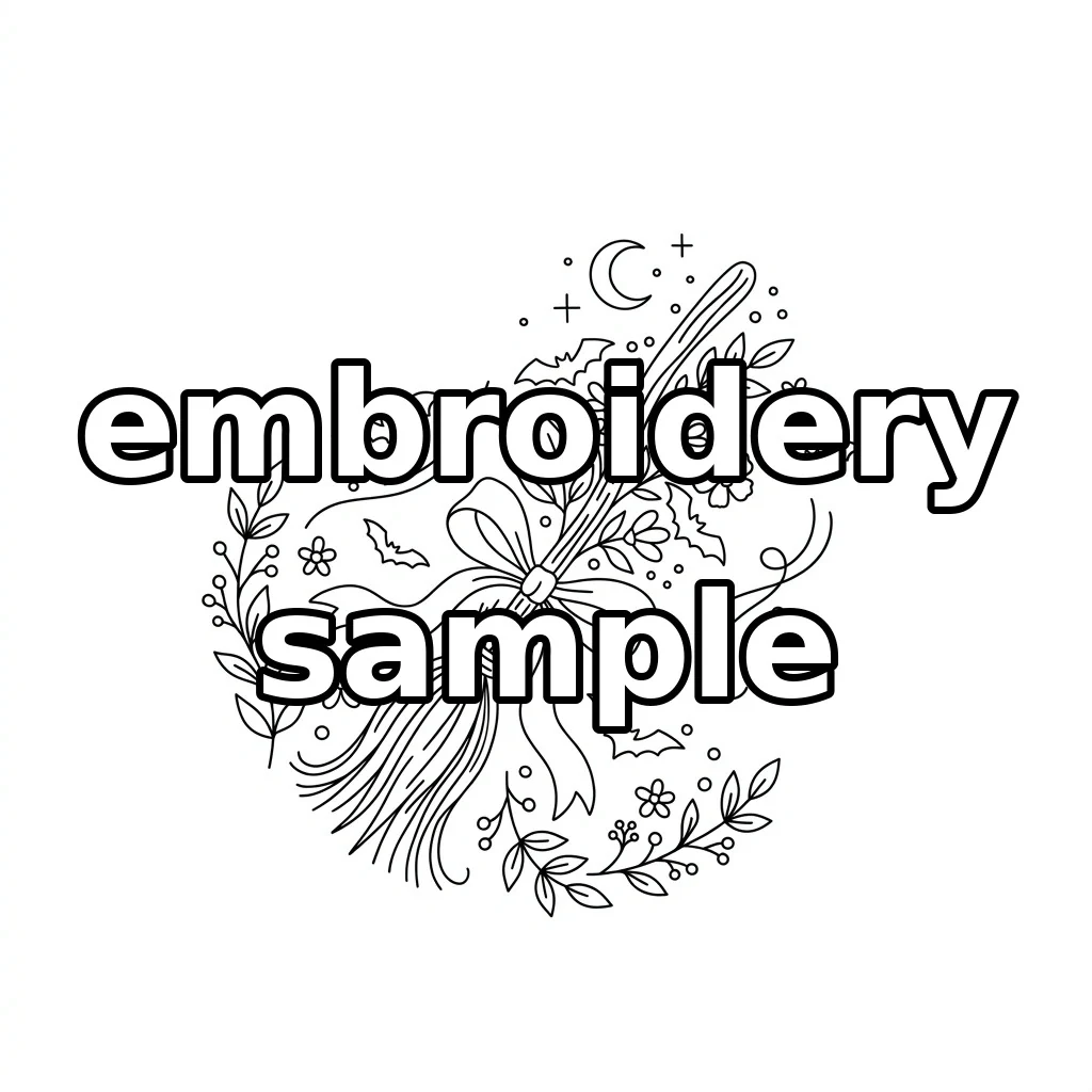 Watermarked Ribbon Tied Witch Broom with Six Bats Crescent Moon and Floral Sprays embroidery outline