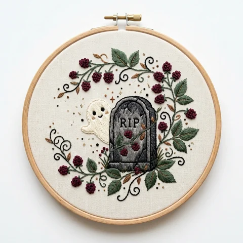 Rip Ghost Blackberry Vines Woodland Grave Wreath hand embroidery design