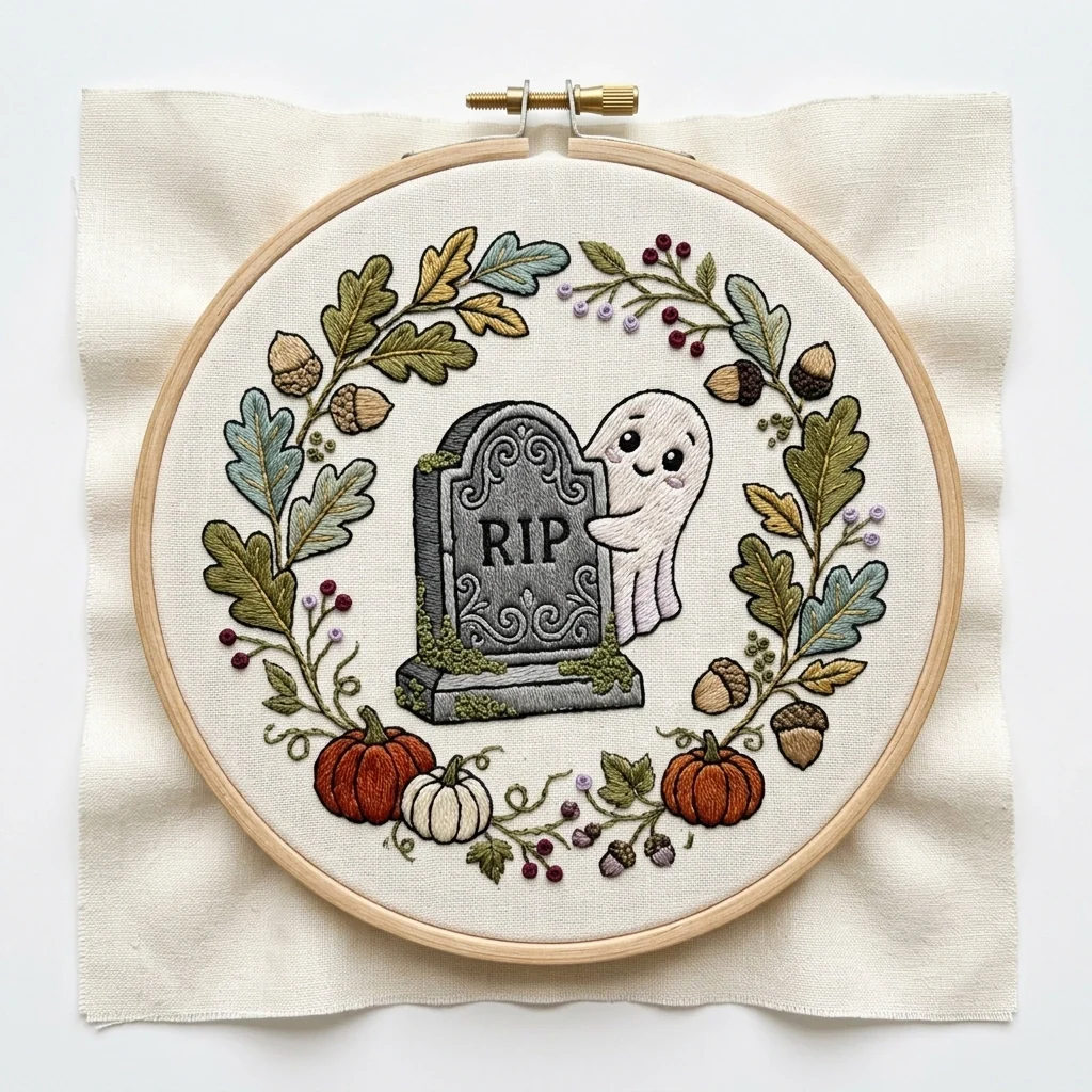 Rip Ghost Oak Leaves Pumpkin Harvest Wreath colored hand embroidery design