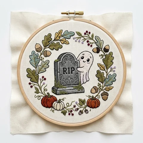 Rip Ghost Oak Leaves Pumpkin Harvest Wreath hand embroidery design