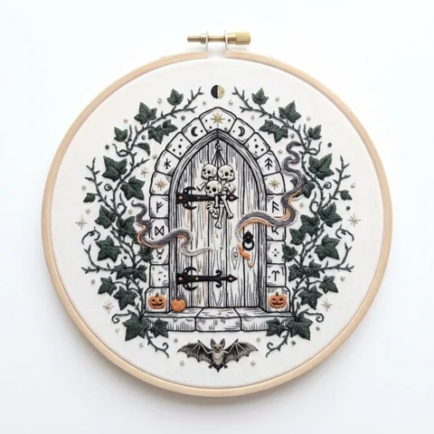 Runed Gothic Door, Skulls and Ivy hand embroidery design