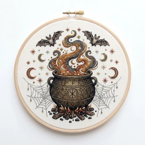 Runed Witch Cauldron with Lunar Smoke and Bats hand embroidery design