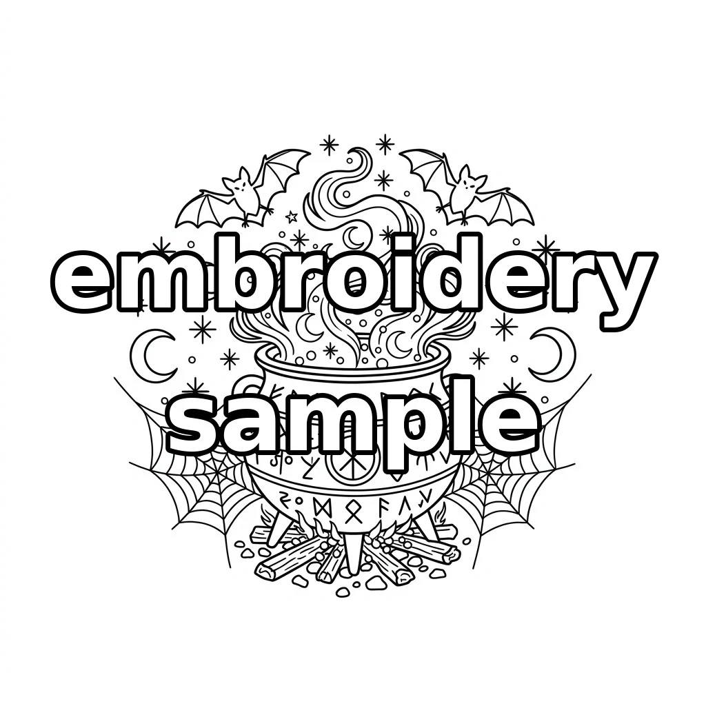 Watermarked Runed Witch Cauldron with Lunar Smoke and Bats embroidery outline