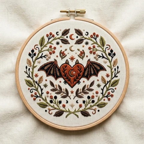 Rust Bat Wing Heart Autumnal Wreath hand embroidery design
