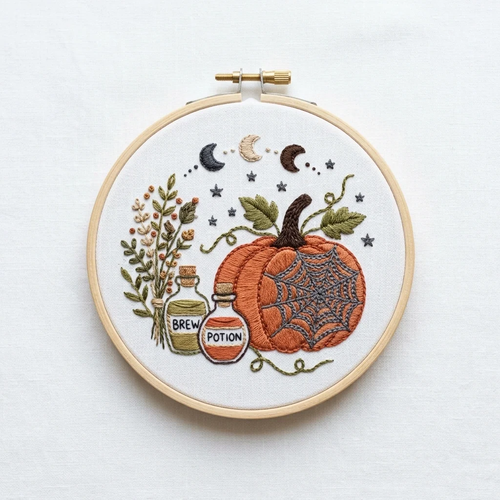 Rust Orange Pumpkin with Spiderweb Potion Bottles Moon Phases colored hand embroidery design