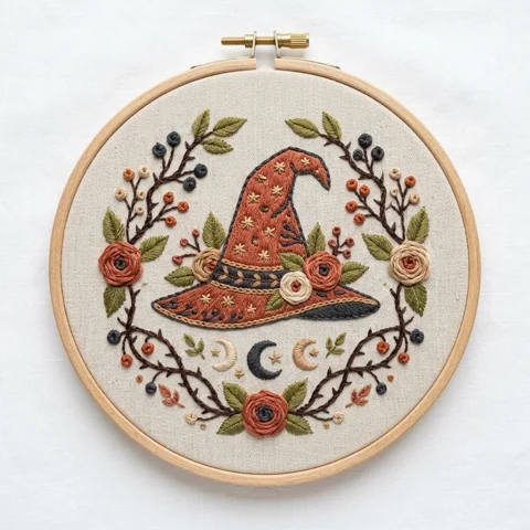 Rust Witch Hat with Roses Moon Phases and Botanical Berry Wreath hand embroidery design