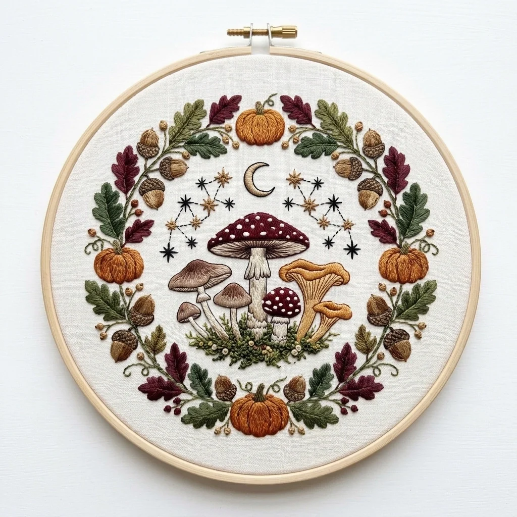 Seven Woodland Mushrooms with Four Pumpkins Crescent Moon Starbursts