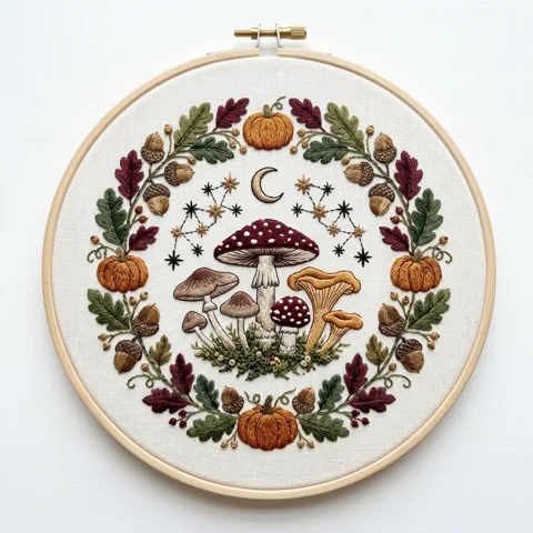 Seven Woodland Mushrooms with Four Pumpkins Crescent Moon Starbursts hand embroidery design