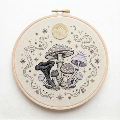 Seven Woodland Mushrooms with Full Moon Crescent Stars and Celestial hand embroidery design