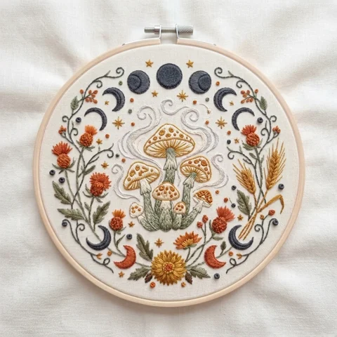 Seven Woodland Mushrooms with Moon Phases Thistles Wheat hand embroidery design