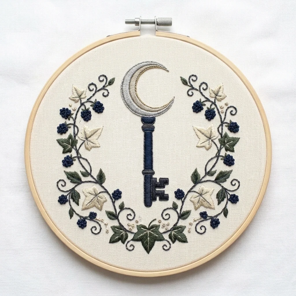 Silver Crescent Key with Ivy Midnight Berries and Curling Vine Wreath colored hand embroidery design