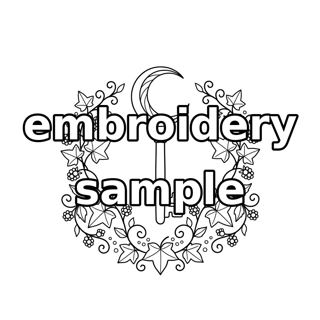 Watermarked Silver Crescent Key with Ivy Midnight Berries and Curling Vine Wreath embroidery outline