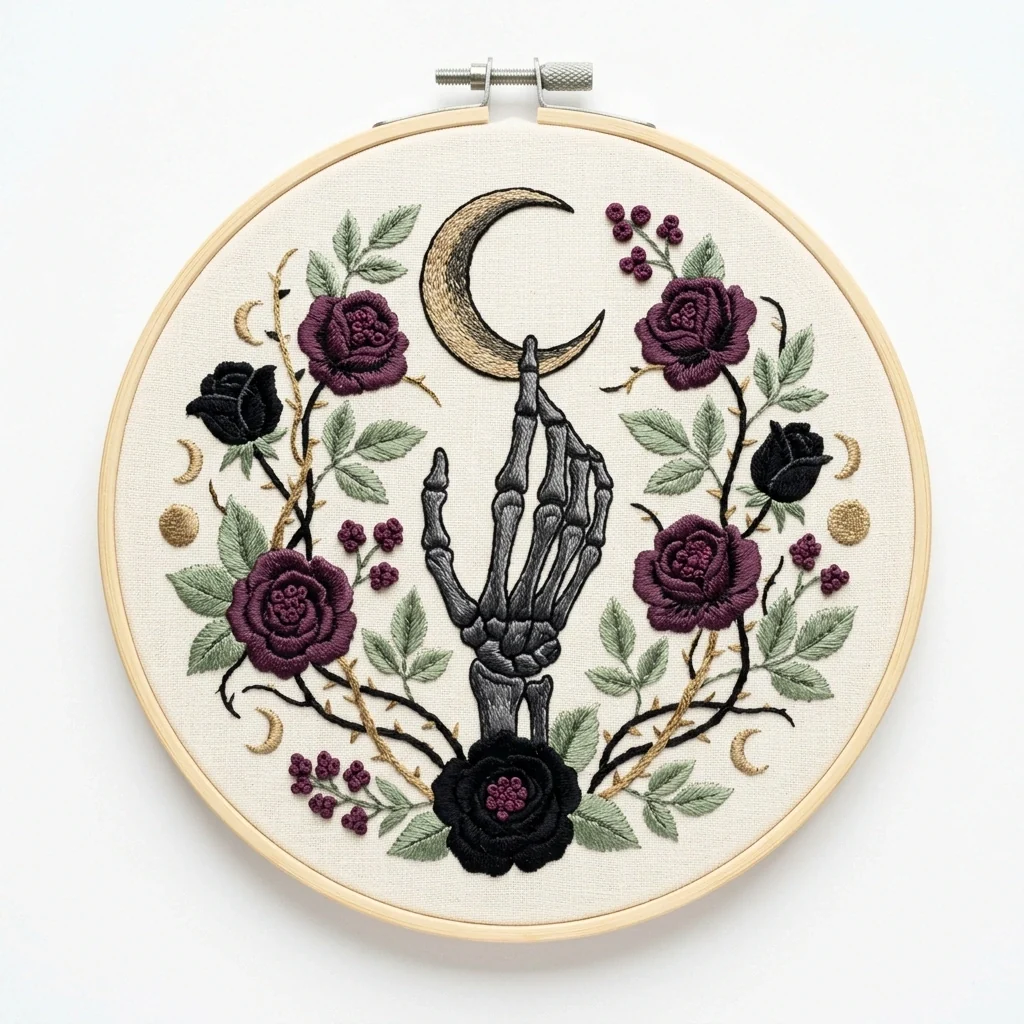 Skeletal Hand Beneath Gilded Crescent with Plum and Black Rose Wreath colored hand embroidery design