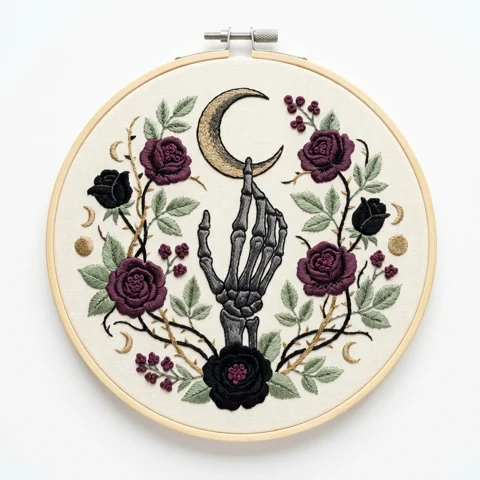 Skeletal Hand Beneath Gilded Crescent with Plum and Black Rose Wreath hand embroidery design