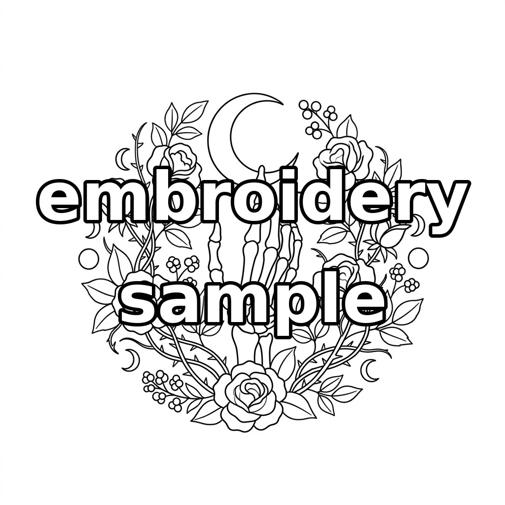 Watermarked Skeletal Hand Beneath Gilded Crescent with Plum and Black Rose Wreath embroidery outline