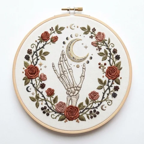 Skeletal Hand, Golden Crescent and Rose Wreath hand embroidery design