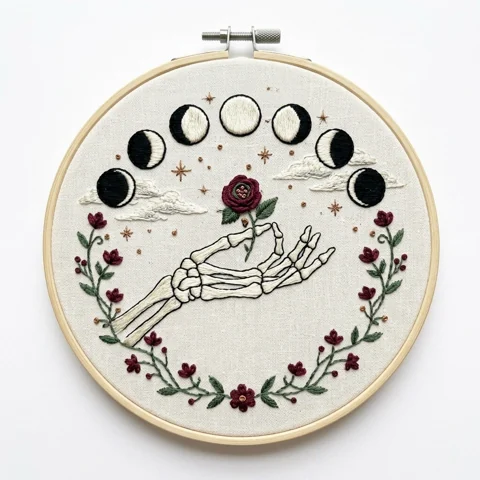 Skeletal Hand Holding Burgundy Rose Beneath Moon Phases and Botanical hand embroidery design