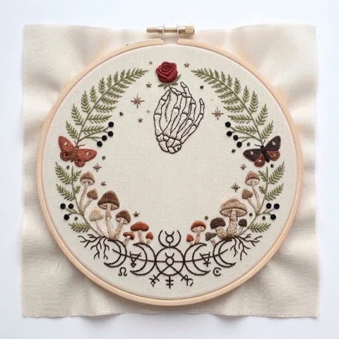 Skeletal Hand with Red Rose Moths Mushrooms and Fern Sigil Wreath hand embroidery design