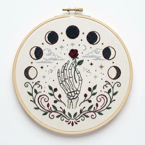 Skeleton Hand and Rose with Seven Moon Phases hand embroidery design