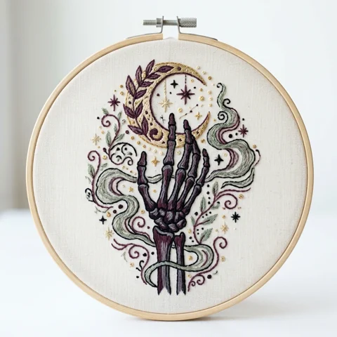 Skeleton Hand Crescent Moon Mystic Smoke hand embroidery design