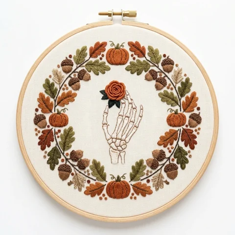 Skeleton Hand Holding Rust Rose with Four Pumpkins Acorns and Autumn hand embroidery design