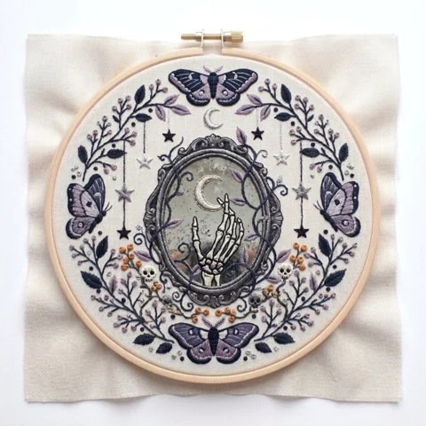 Skeleton Hand in Gothic Mirror with Moths Skulls and Lavender hand embroidery design