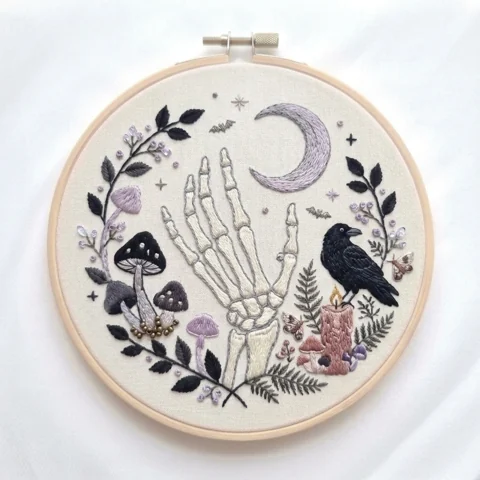 Skeleton Hand with Black Bird Lavender Crescent and Woodland Mushrooms hand embroidery design