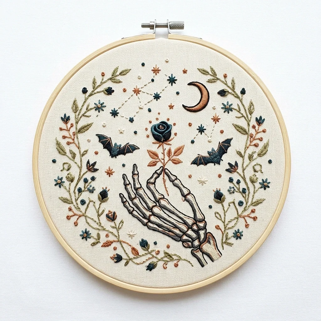 Skeleton Hand, Black Rose and Copper Crescent colored hand embroidery design