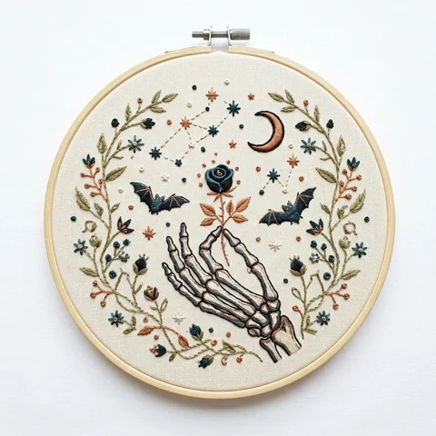 Skeleton Hand, Black Rose and Copper Crescent hand embroidery design