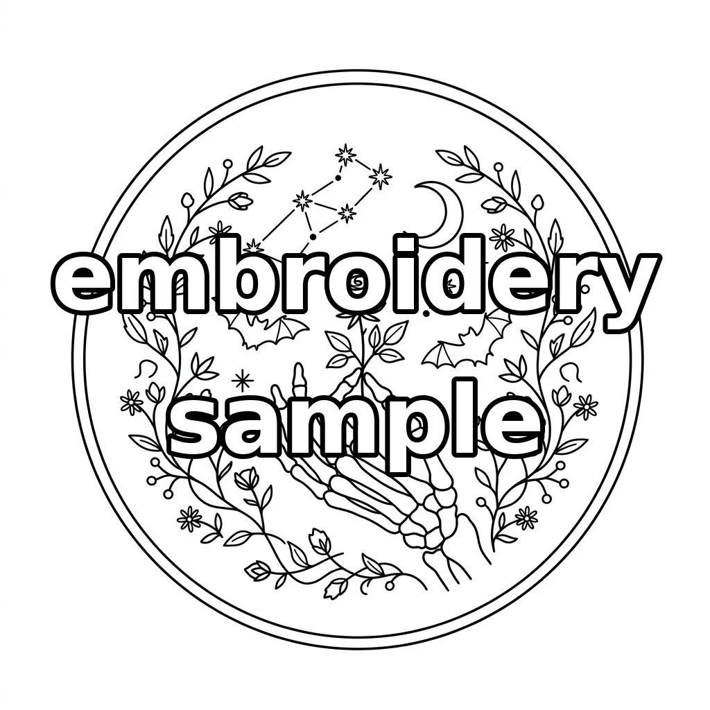 Watermarked Skeleton Hand, Black Rose and Copper Crescent embroidery outline
