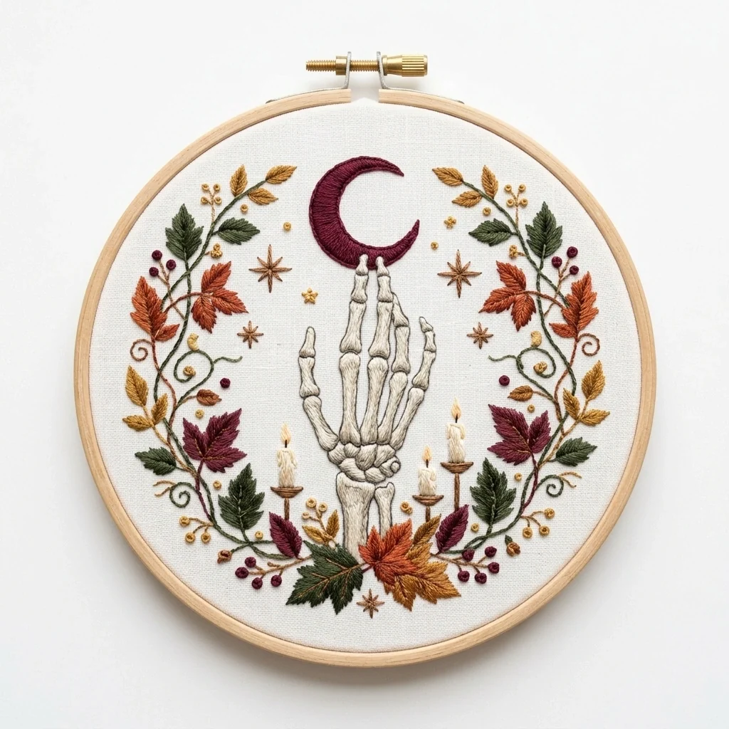 Skeleton Hand with Burgundy Crescent Three Candles and Autumn colored hand embroidery design