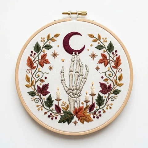 Skeleton Hand with Burgundy Crescent Three Candles and Autumn hand embroidery design