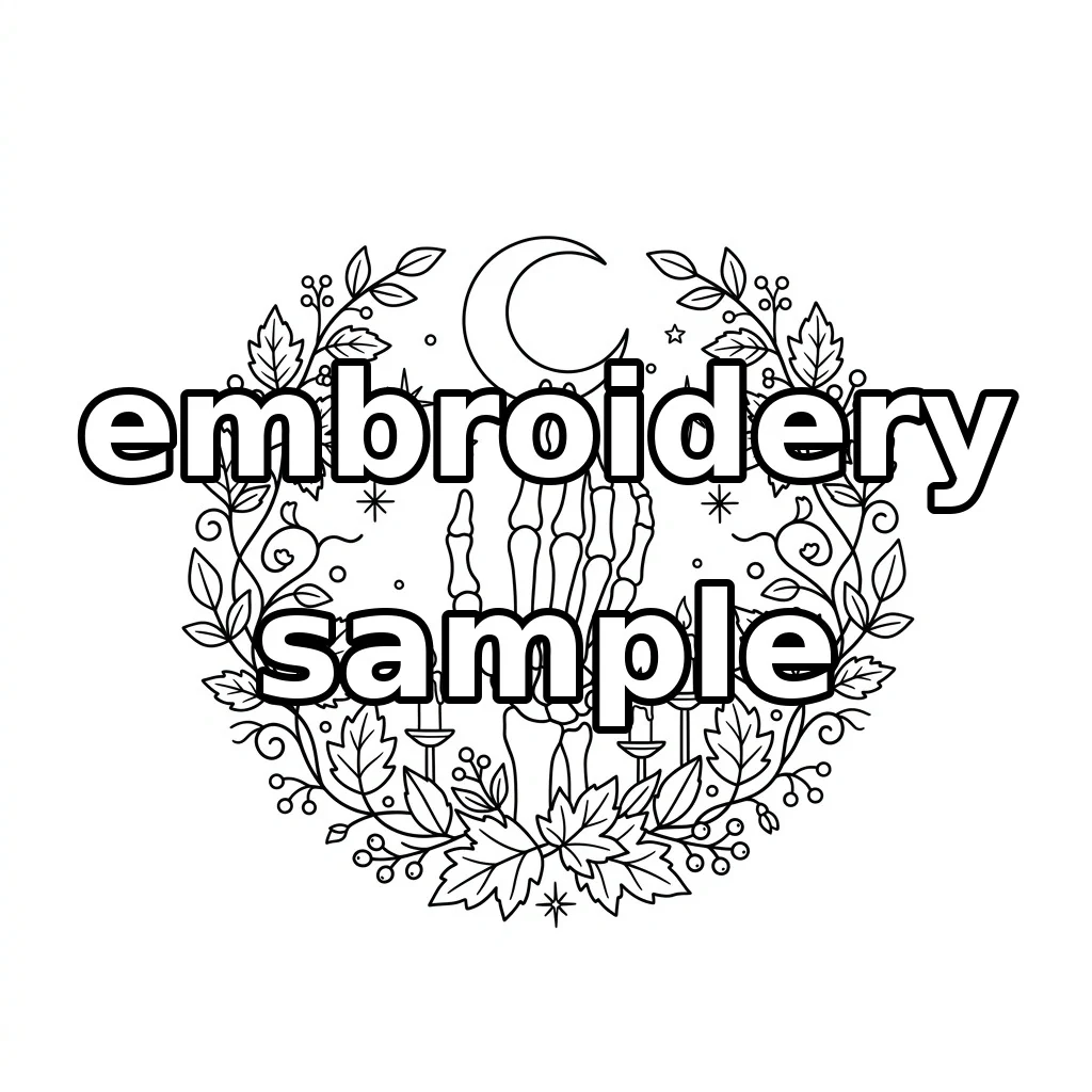Watermarked Skeleton Hand with Burgundy Crescent Three Candles and Autumn embroidery outline